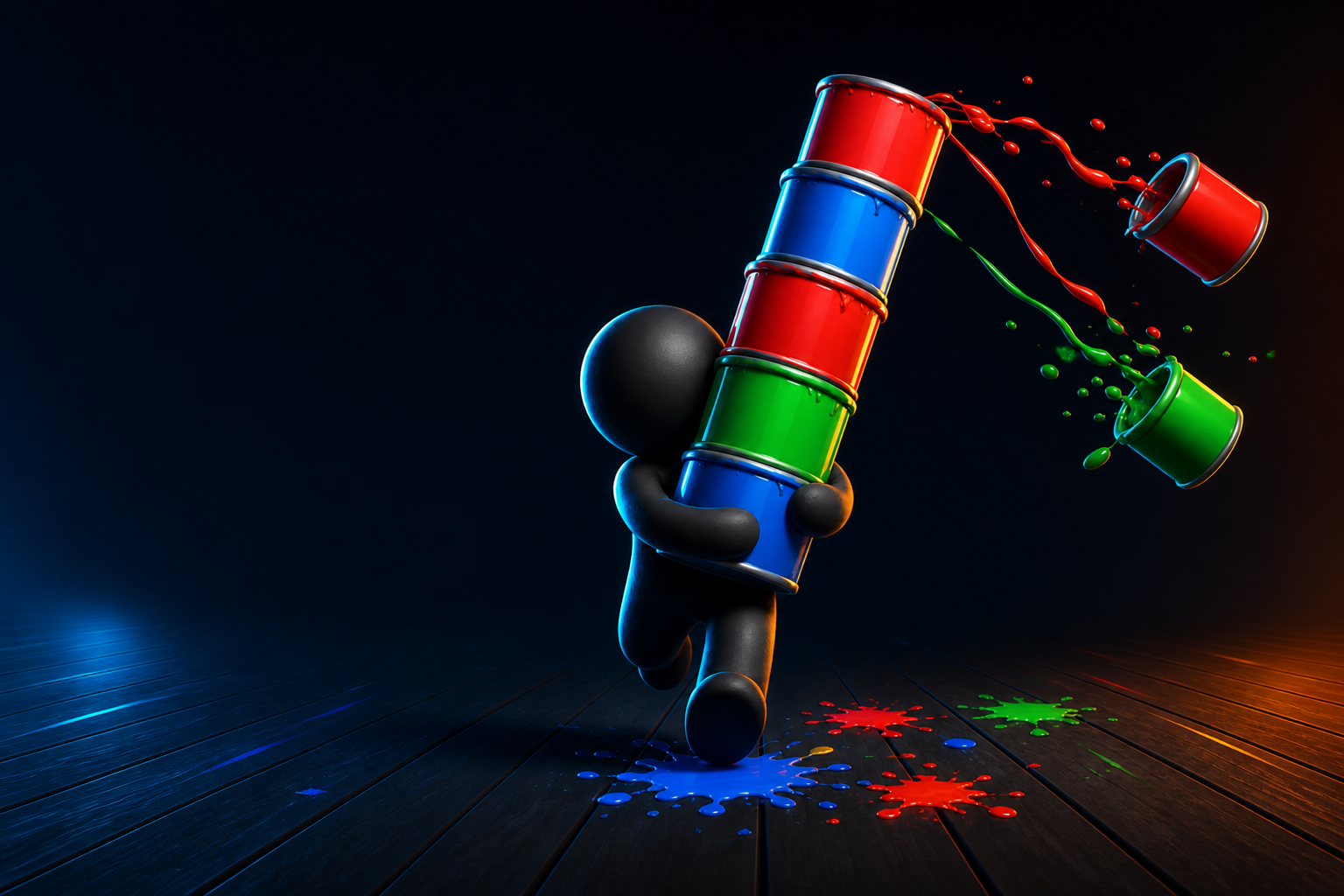 Wobble Run — courier hugging a leaning wet-ink can tower as cans tumble and ink splatters the dock